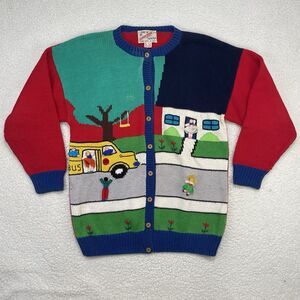 Vintage 90s Cotton Salsa School Teacher Cardigan Sweater 1X Hand Knit In Peru 3D